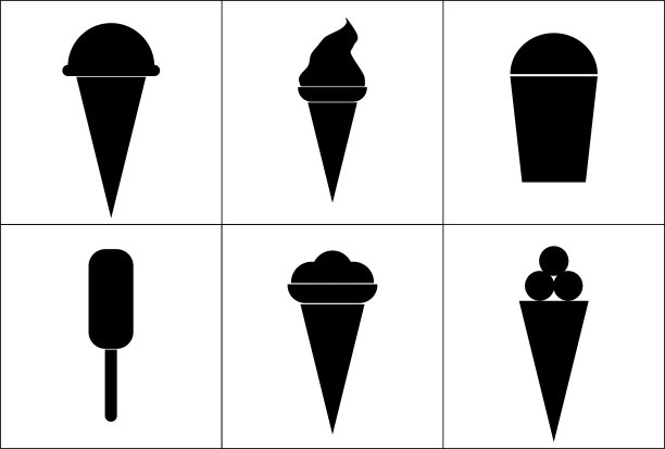 黑色矢量插图，图像或图标的不同种类的冰淇淋在白色背景上的拼贴图片下载