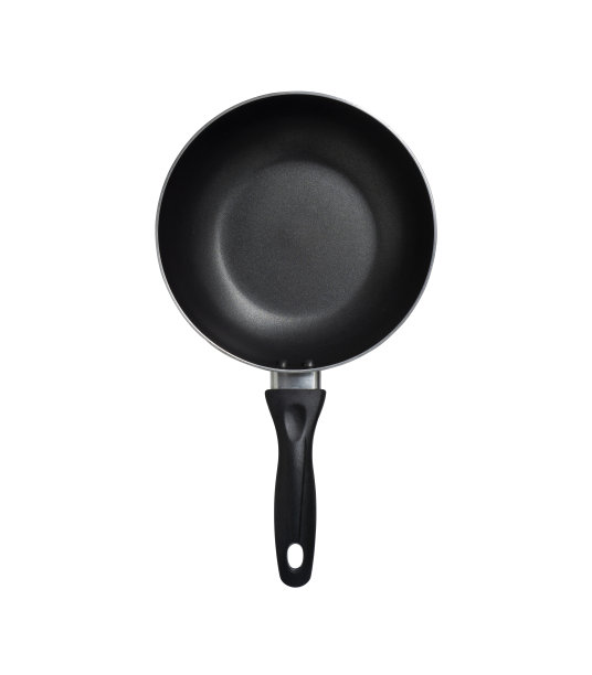 一个空的黑色钢铁炊具平底锅与黑色把手模切与切割路径隔离在白色背景，拍摄图像的顶视图角度图片下载