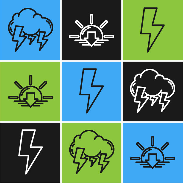 设置线风暴闪电闪电和日落图标图片下载