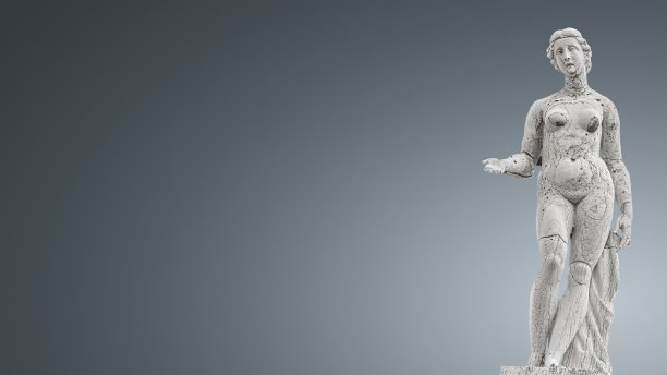 威尼斯圣马尔科古图书馆(Marciana)里一个美丽的文艺复兴时期女子的破旧屋顶雕像，在意大利的渐变背景中孤立，特写，细节图片下载