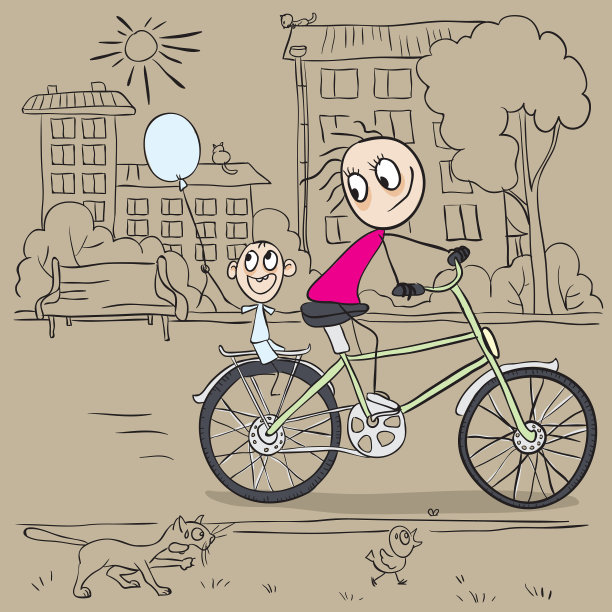 妈妈和孩子骑着自行车图片下载