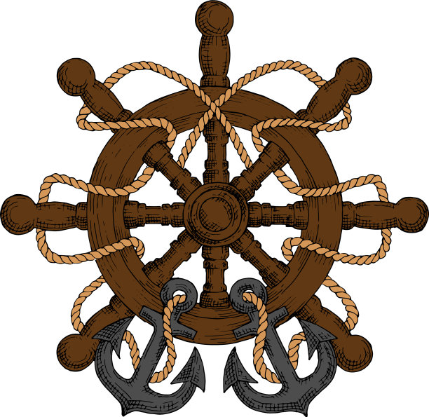 船的舵有雕刻的手柄，绳索和锚图片下载