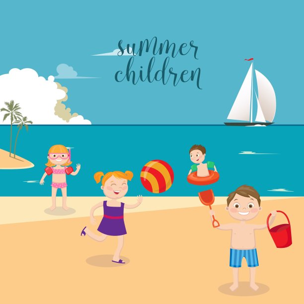 女孩和男孩在海滩上玩耍图片下载