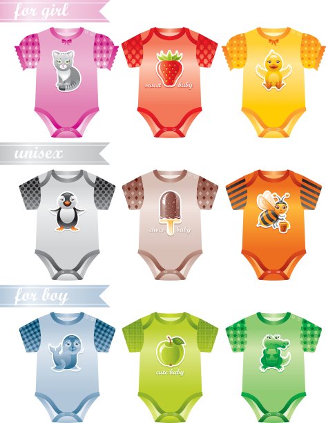 婴儿服装图标设置与时尚女孩男孩和图片下载