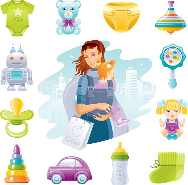 家庭购物图标设置与年轻的母亲宝宝图片下载