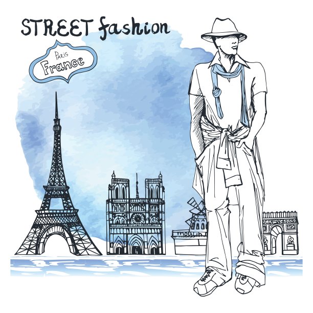时尚的家伙在水彩背景的巴黎街道图片下载
