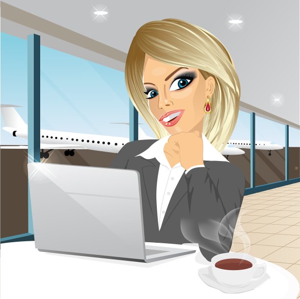 在机场用笔记本电脑工作的女商人图片下载