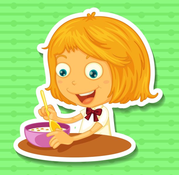 小女孩在餐桌上吃东西图片下载