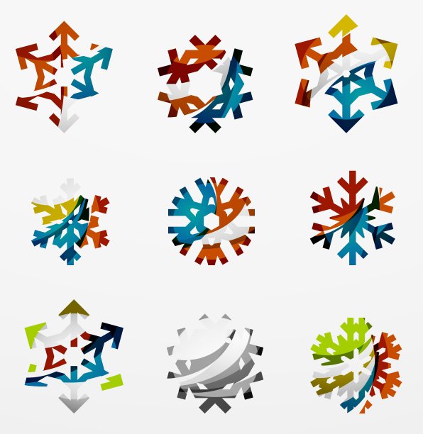 一套抽象的彩色雪花标志图标图片下载
