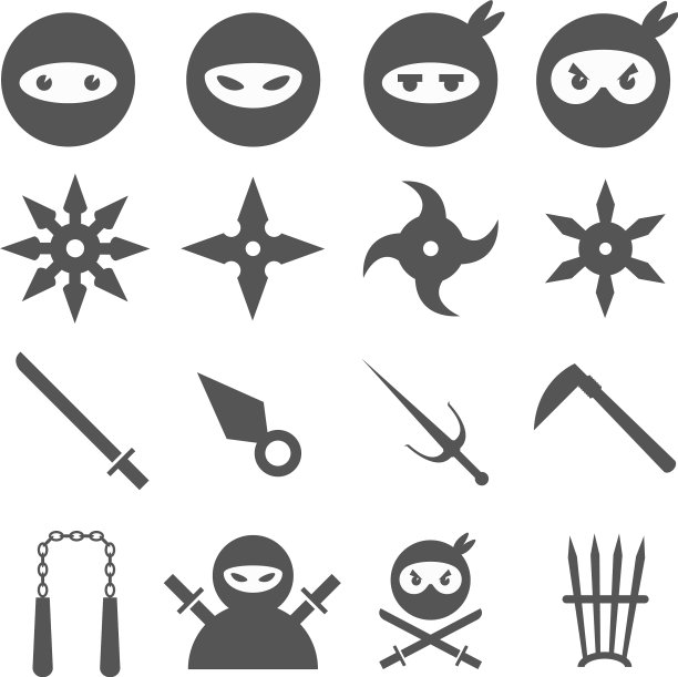 忍者武士和武器图标集图片下载