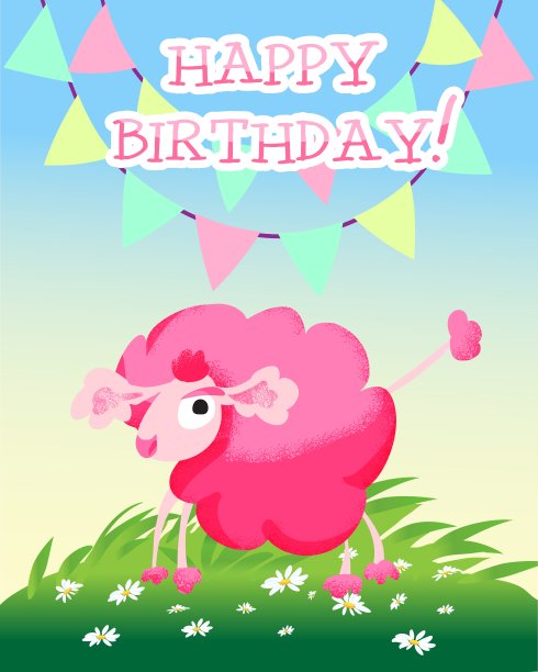 阳光明媚的草地和粉红色的生日贺卡图片下载