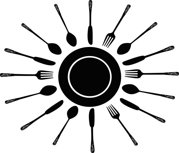 叉子、勺子和刀围着盘子转图片下载