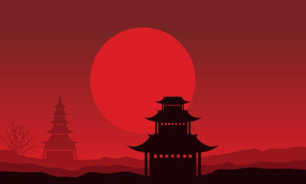 红色背景上的亭子剪影图片下载