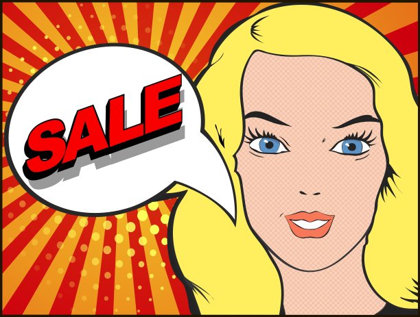 漫画风格的女人与销售泡沫波普艺术图片下载