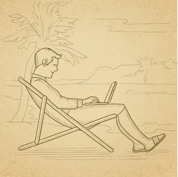 商人坐在躺椅上，拿着笔记本电脑图片下载