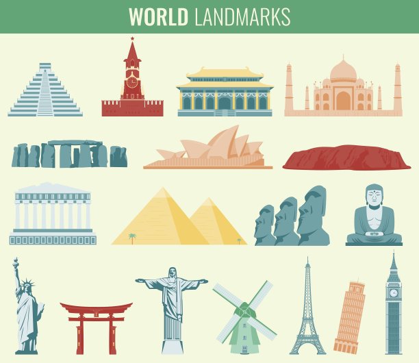 世界地标平面图标设置旅游和旅游图片下载