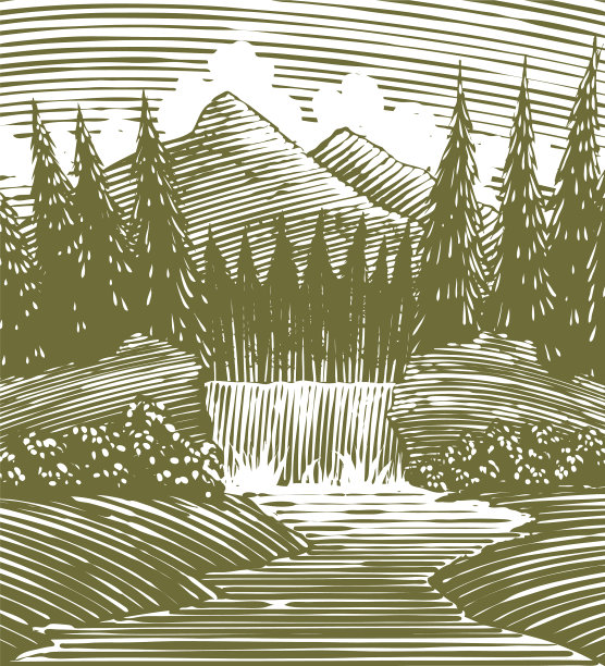 木刻瀑布荒野图片下载