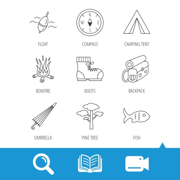 松树钓鱼浮子和登山靴的图标图片下载