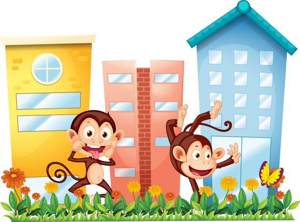 两只猴子在楼前跳舞图片下载