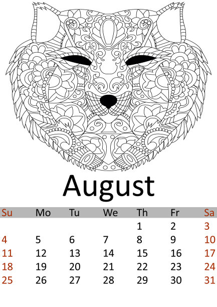 日历2019年8月抗压力着色图片下载