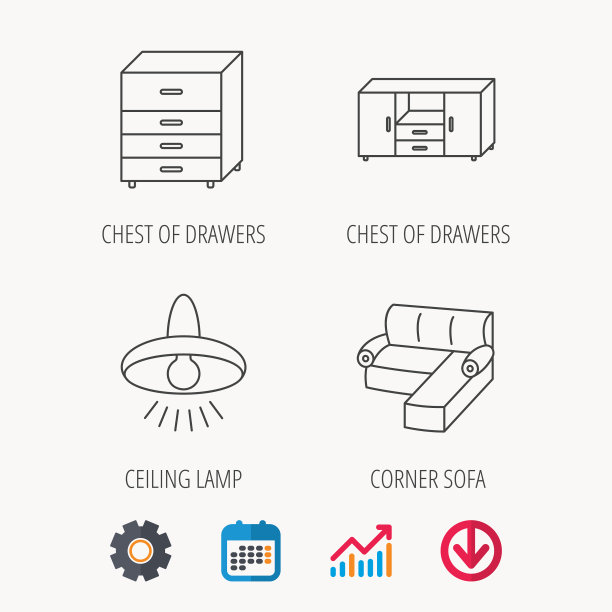 角落沙发、天花板灯和衣柜图标图片下载