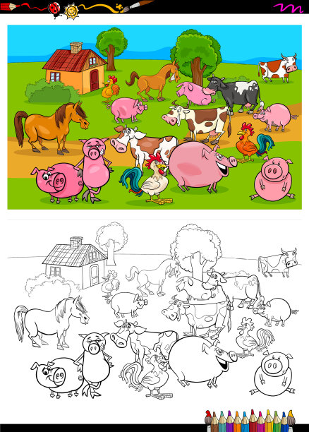 农场动物人物组着色书图片下载