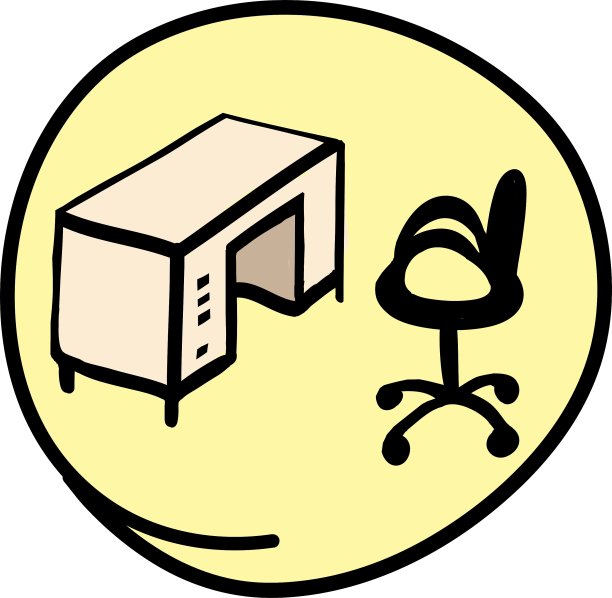 办公室桌椅在圆形的黄色背景图片下载