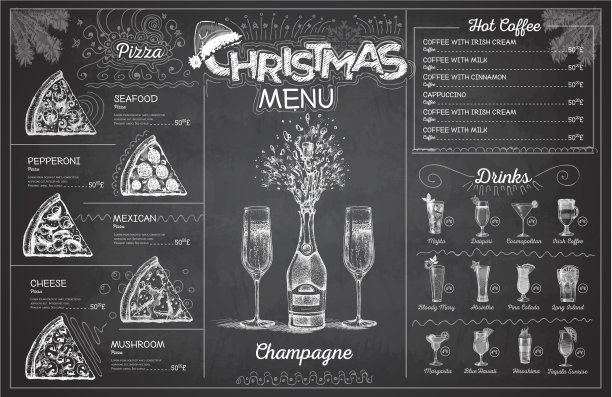 粉笔画圣诞菜单设计与香槟图片下载