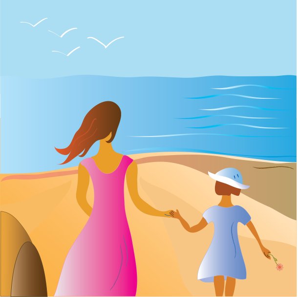 母亲和孩子在海滩上图片下载