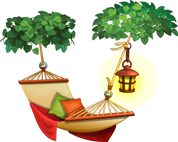 吊床伸展在树和灯笼之间图片下载