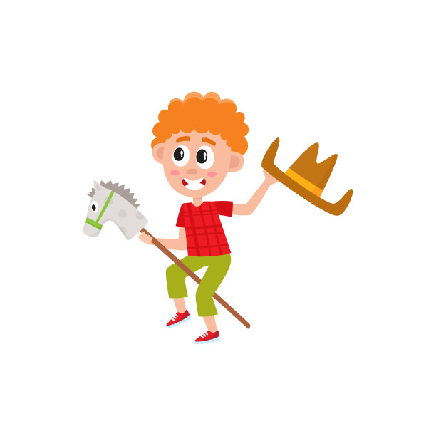 男孩骑着木棒马，挥舞着牛仔帽图片下载