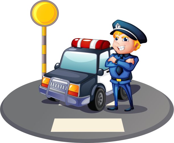 一个警察站在有黄色前哨的警车旁图片下载