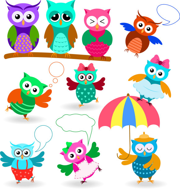 滑稽的卡通猫头鹰摆出不同的姿势图片下载