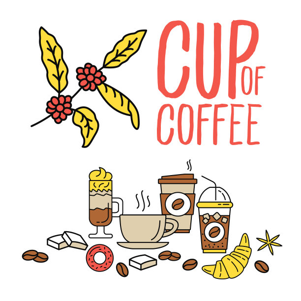 一套平面线条彩色平面咖啡图标图片下载