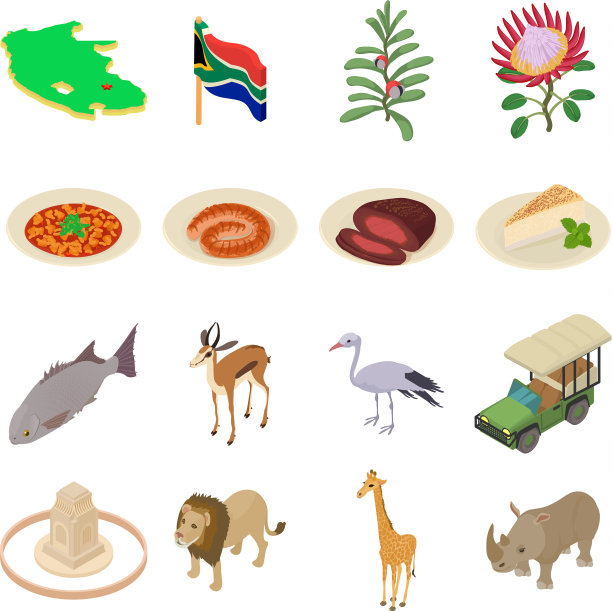 南非旅游图标设置等距风格图片下载
