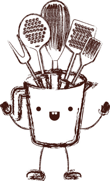 罐子与厨房用具卡通在棕色模糊图片下载