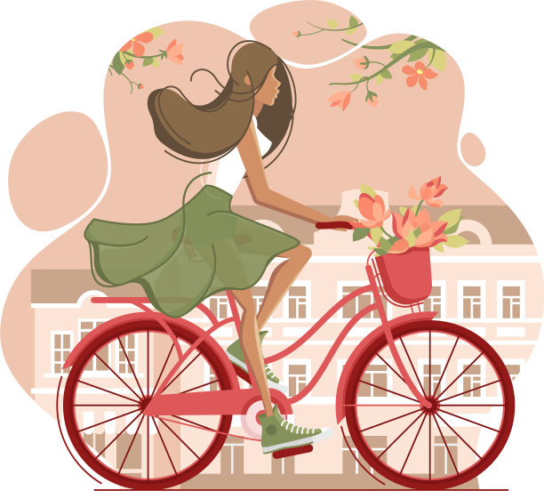 女孩骑着带花的老式自行车图片下载