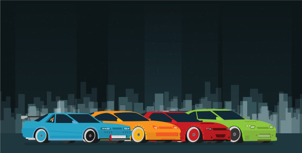 平坦的赛车设置在夜晚的城市街道图片下载
