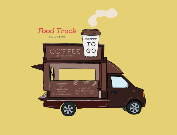 街道咖啡车美食车手绘设计图片下载