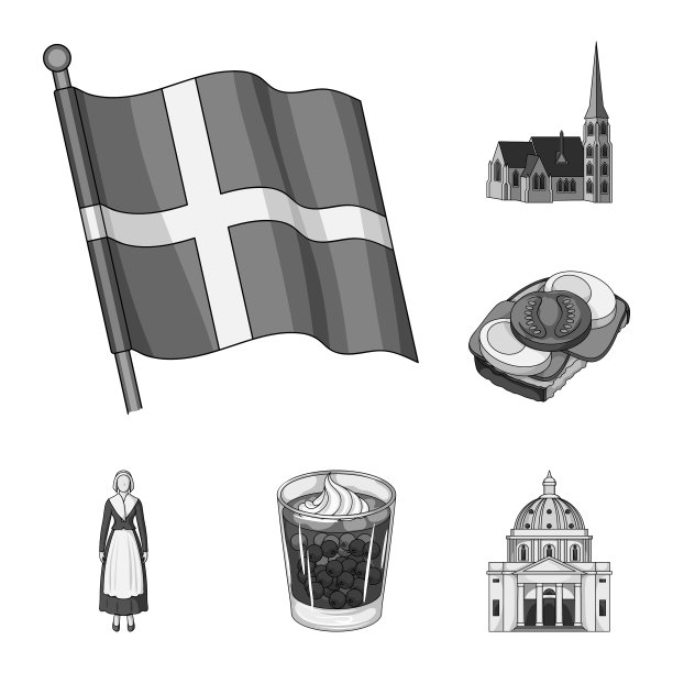 在丹麦旅游单色图标集图片下载