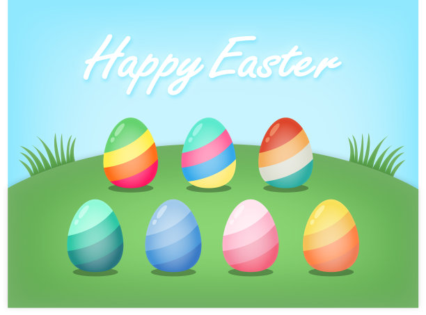 五彩缤纷的条纹复活节彩蛋在院子里复活节快乐图片下载