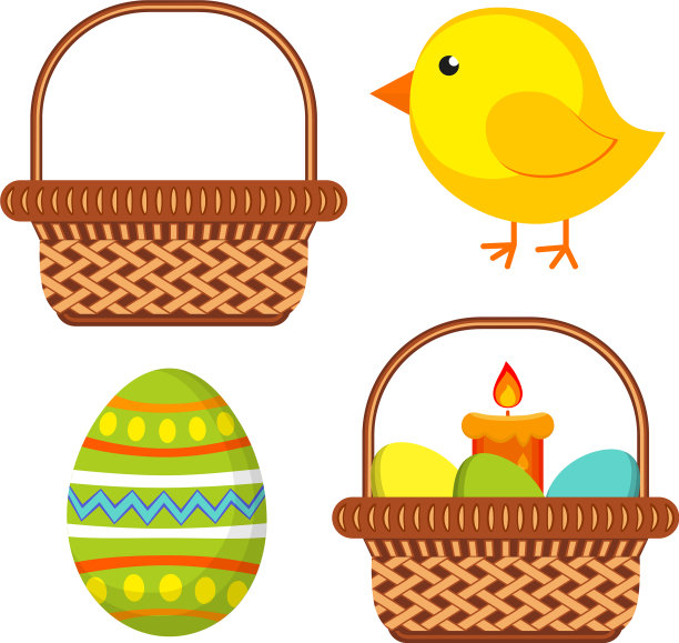 卡通复活节图标设置小鸡蜡烛鸡蛋篮子图片下载