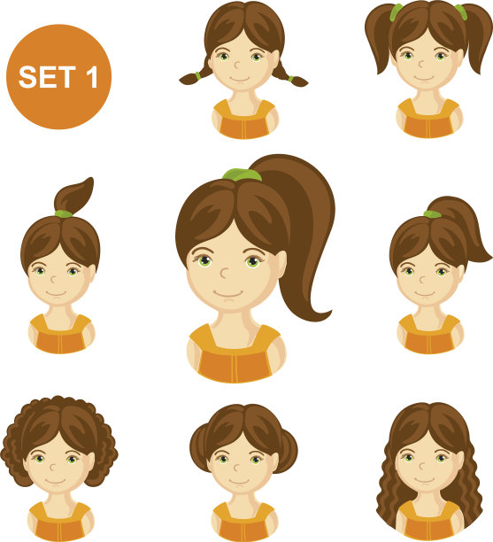 可爱的黑发小女孩，各种发型图片下载