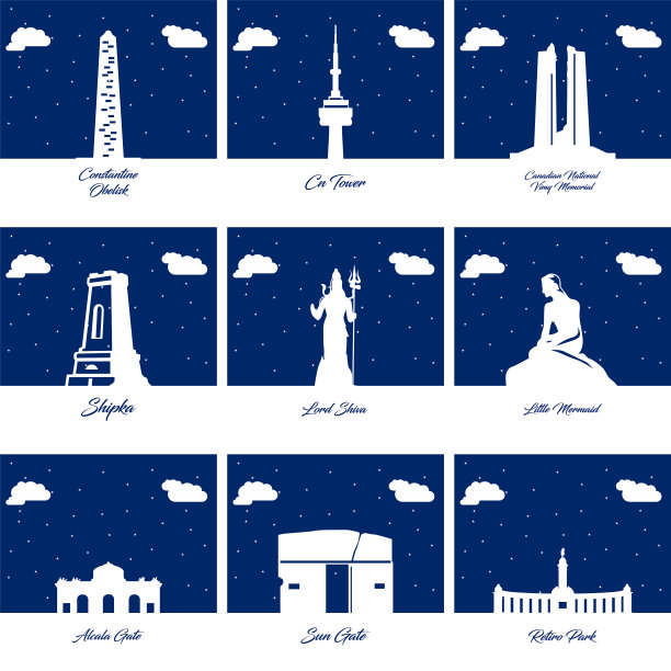 世界著名的纪念碑和地标图标集图片下载