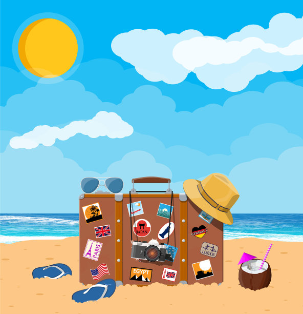 皮革复古袋与贴纸在海滩上图片下载