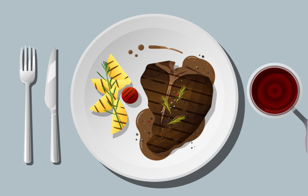 烤牛骨牛排配红酒图片下载