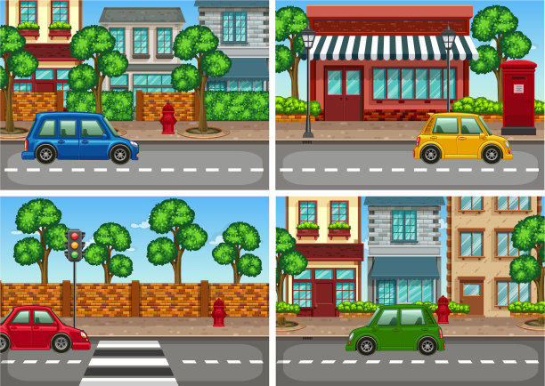 城市场景与汽车在道路上图片下载