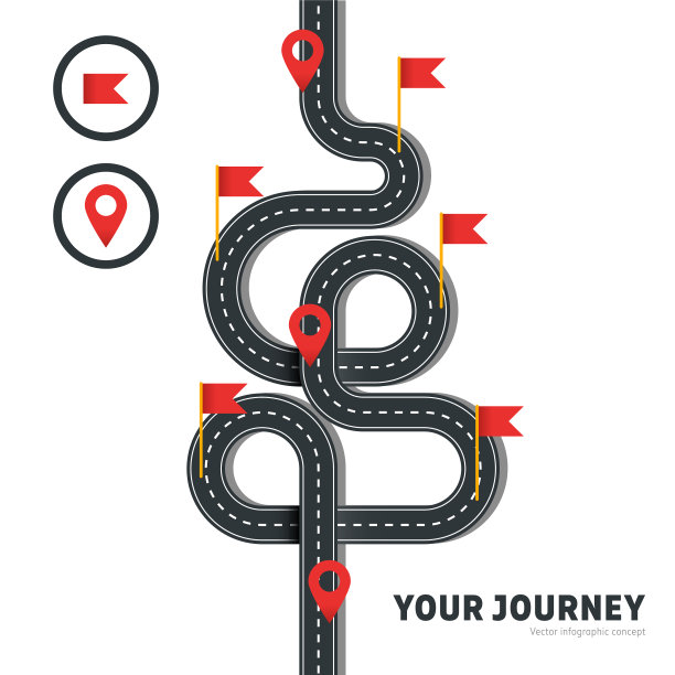 蜿蜒的道路与别针和旗帜孤立图片下载