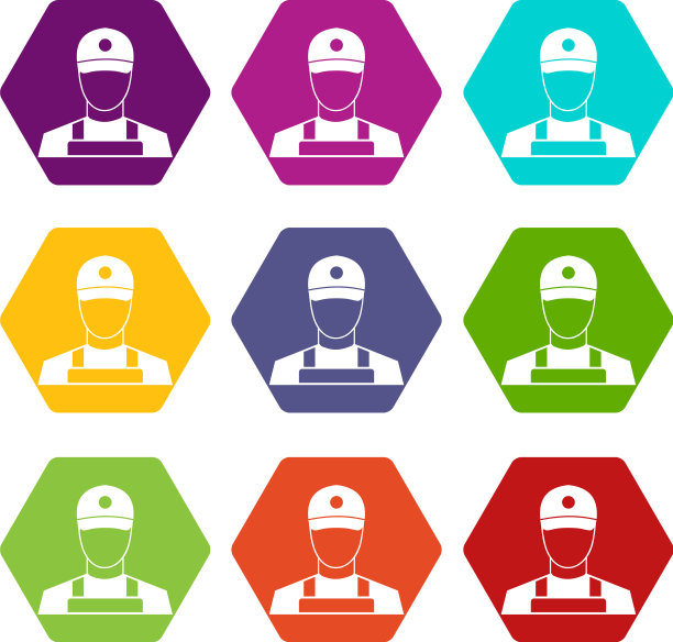 一个男人戴着帽子和制服的图标设置颜色图片下载