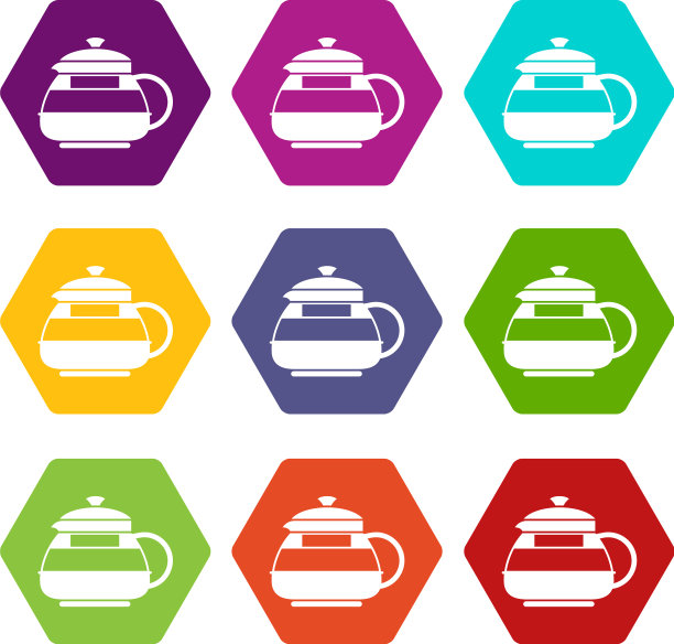 玻璃茶壶图标设置彩色六面体图片下载
